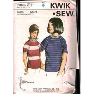 Vintage Kwik Sew 347 Girls Raglan Sleeve T-Shirt Sewing Pattern Sizes 8-14 1970s